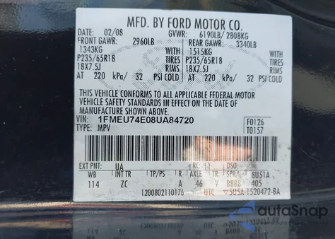 2008 Ford Explorer Eddie Bauer z USA, uszkodzony, nr VIN 1FMEU74E08UA84720